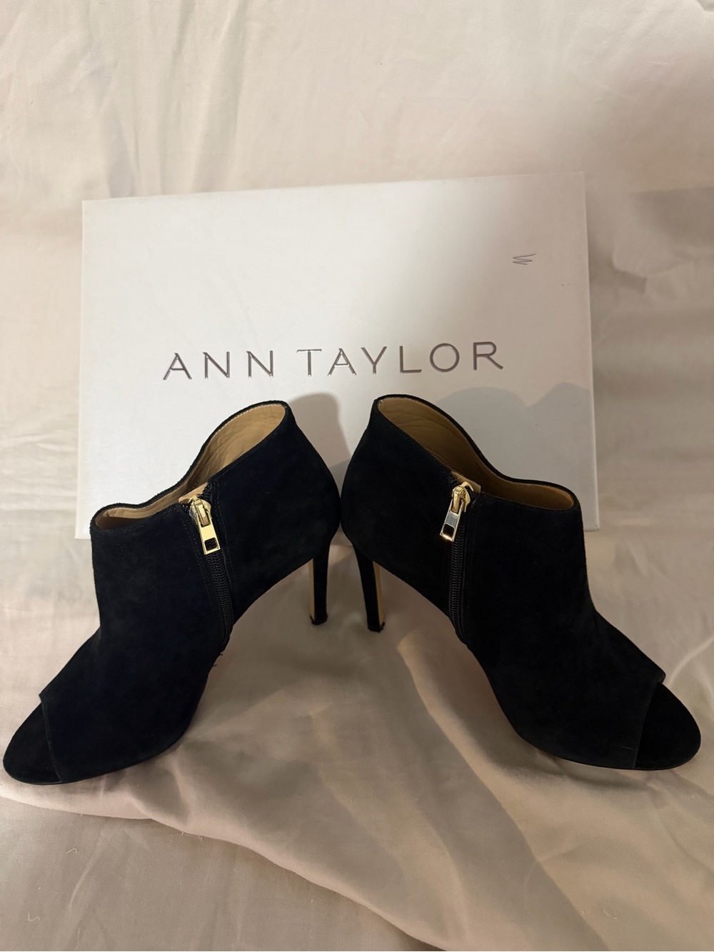 Ann Taylor Black Suede Peep-Toe Stiletto Booties